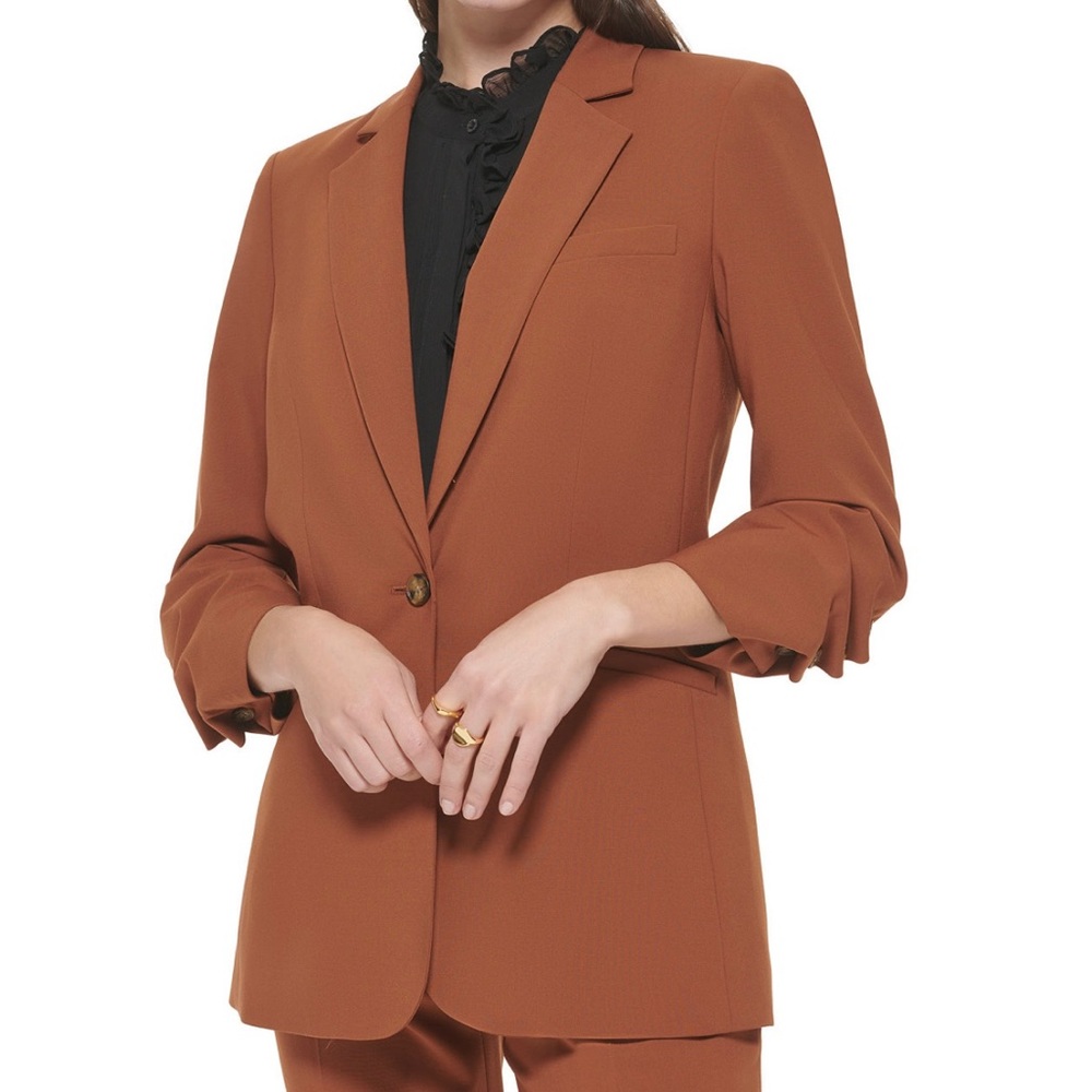 NWT Calvin Klein Petite Ruched 3/4 Sleeve Single Button Blazer in tortoise